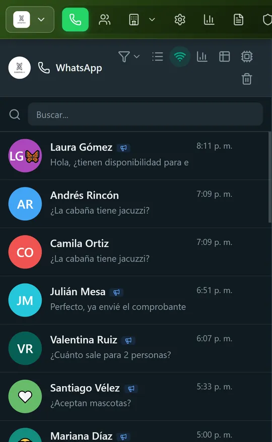 Lista de conversaciones del agente en el celular